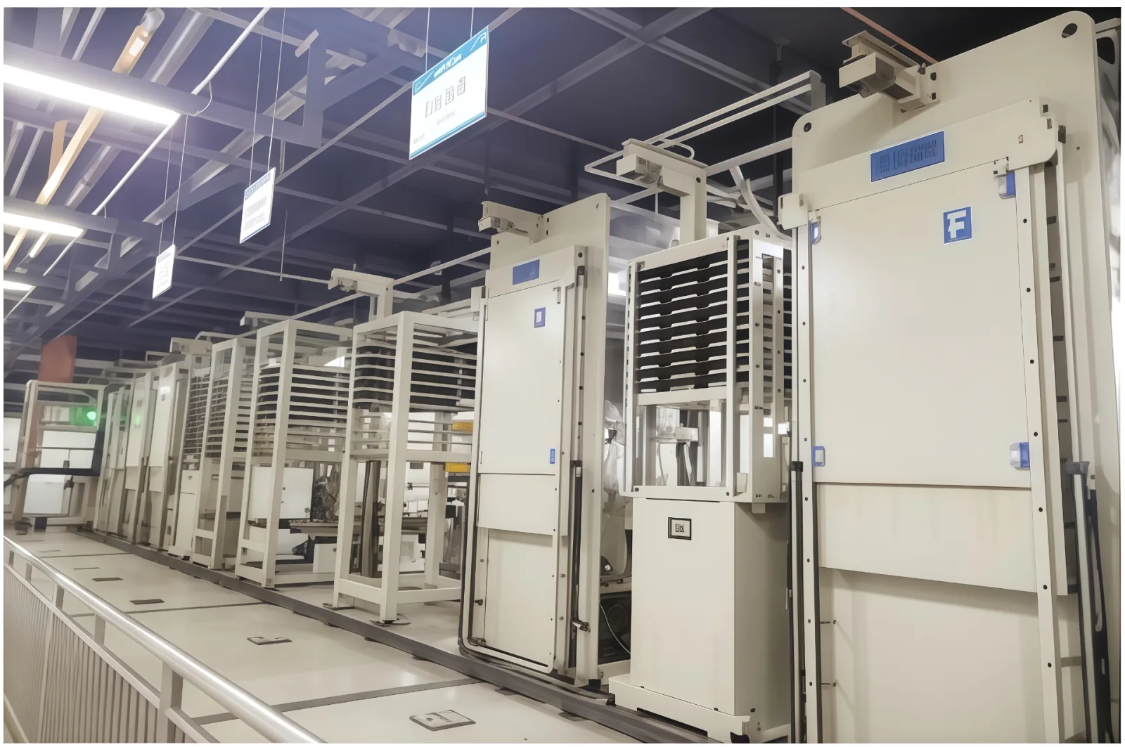 Automated vertical plating line with rack-mounted PCB carriers on the production floor