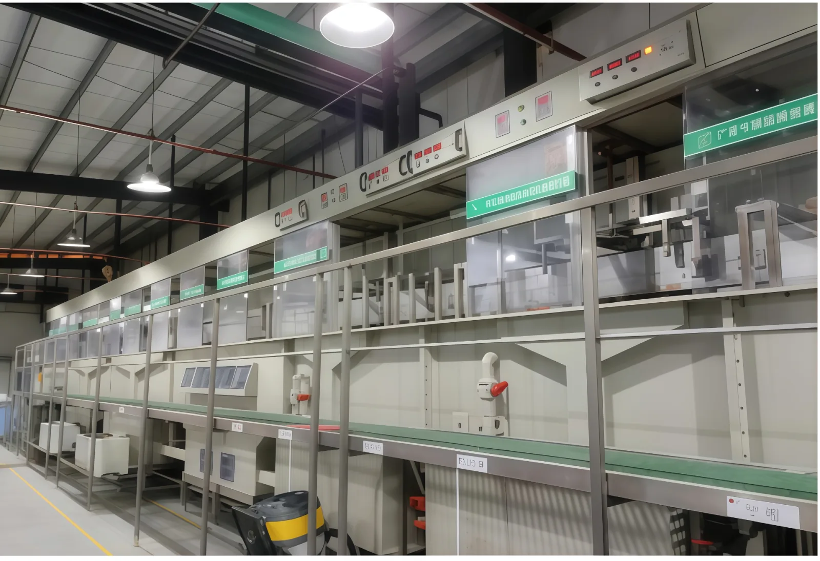 Inline wet-process chemical treatment line with overhead control panels and conveyor system