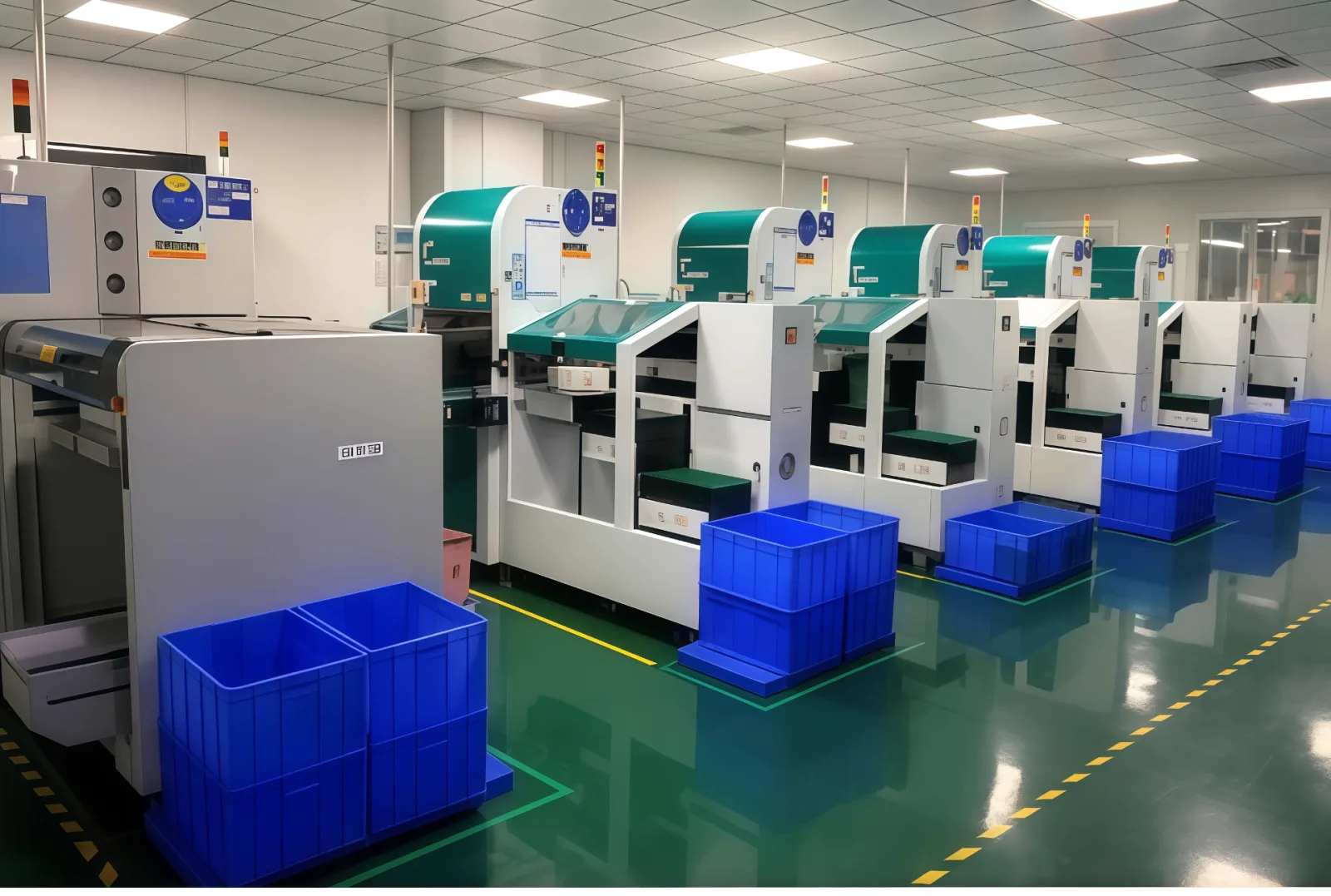 Cleanroom AOI inspection workshop with row of automated optical inspection machines