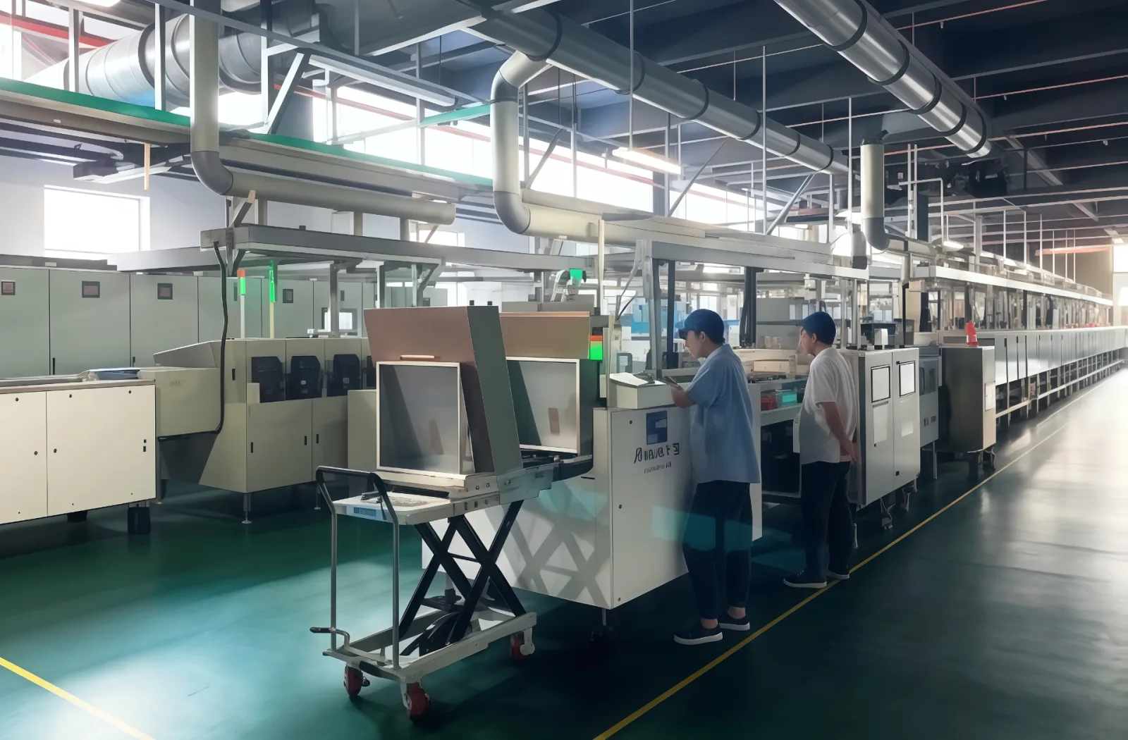 Operators monitoring an automated inner-layer processing line in the main production hall