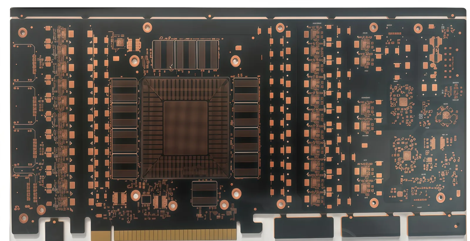 High-density GPU/server PCB with copper pads and central BGA cavity