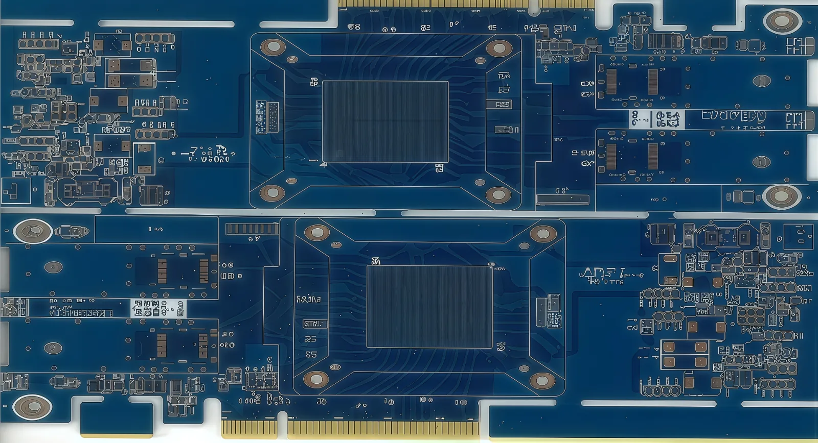Blue soldermask server module PCB with gold-finger edge connectors and dual BGA cavities
