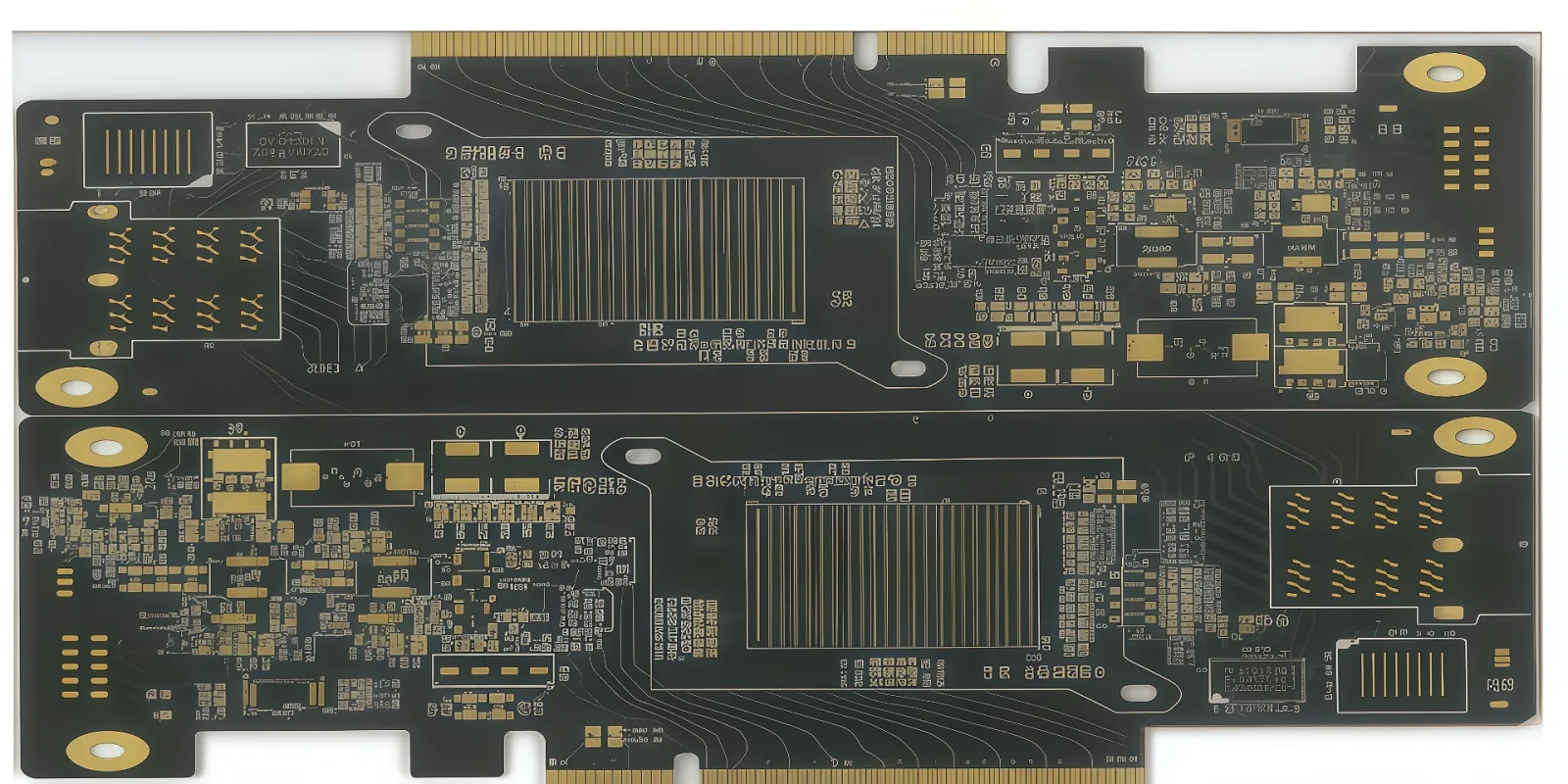 High-density SSD/memory PCB with gold-finger edge connectors and fine-pitch routing