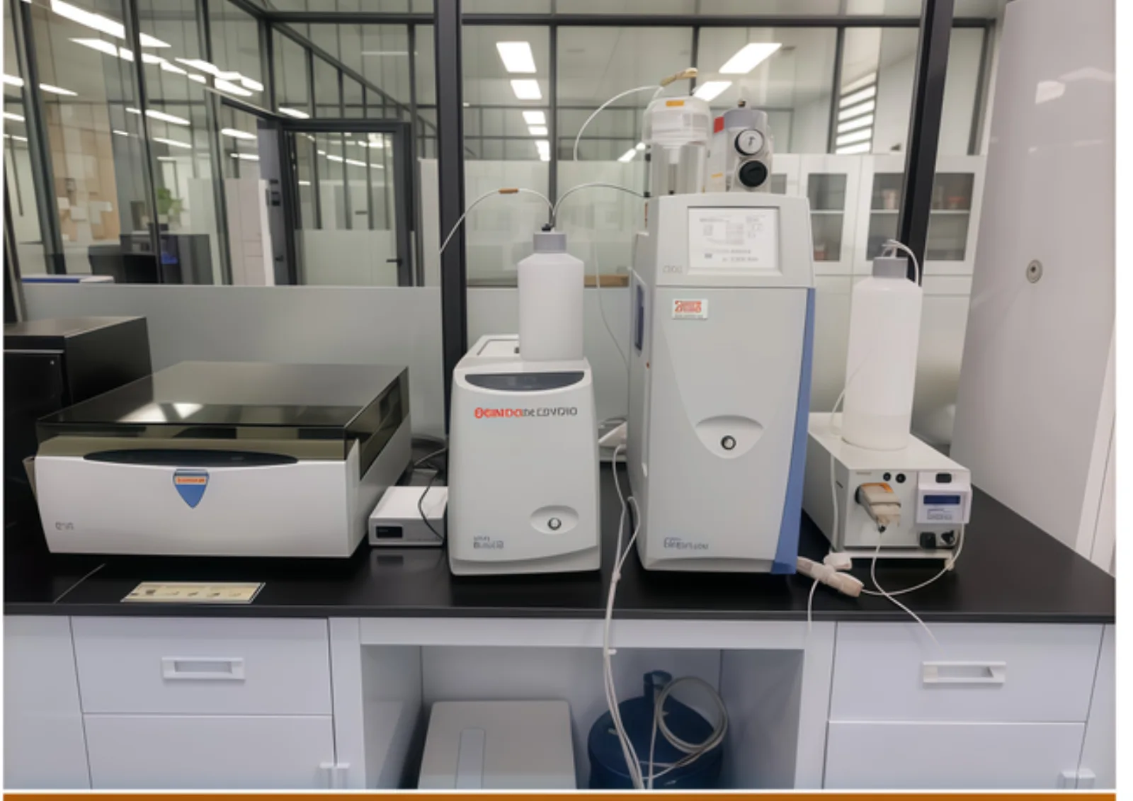 Analytical instrumentation bench with ion chromatography and spectrophotometer for solution and material testing