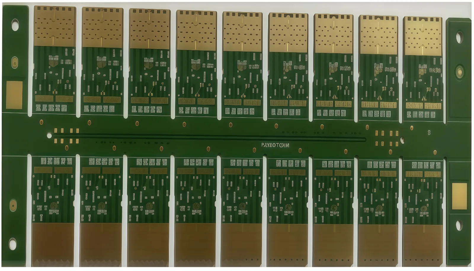 Telecom backplane PCB panel with gold-plated edge connectors and high-density routing