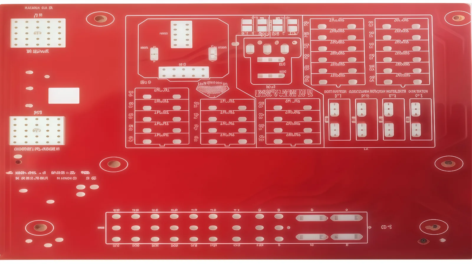 Red soldermask thick copper PCB with high-current power distribution pads and screw terminals