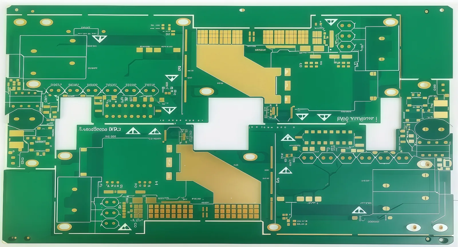 Heavy copper industrial PCB with exposed gold-plated power planes and diagonal bus bars